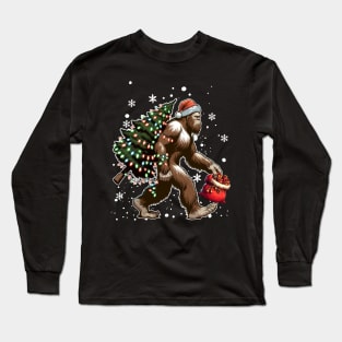 Bigfoot Carrying Christmas Tree Sasquatch Believer Pajama Long Sleeve T-Shirt